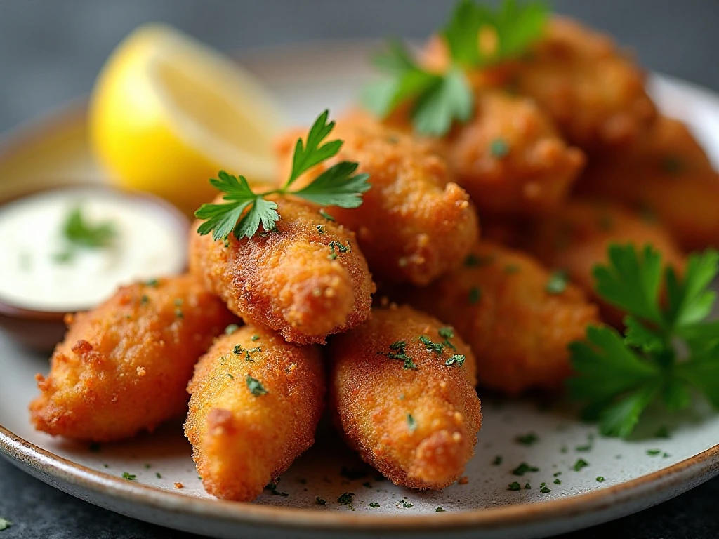 Chicken fritters with parsley, dipping sauces, lemon, and herb salad
