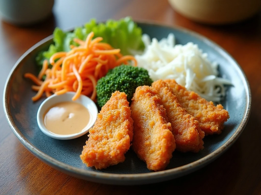 Crispy chicken katsu served with rice cabbage and tonkatsu sauce