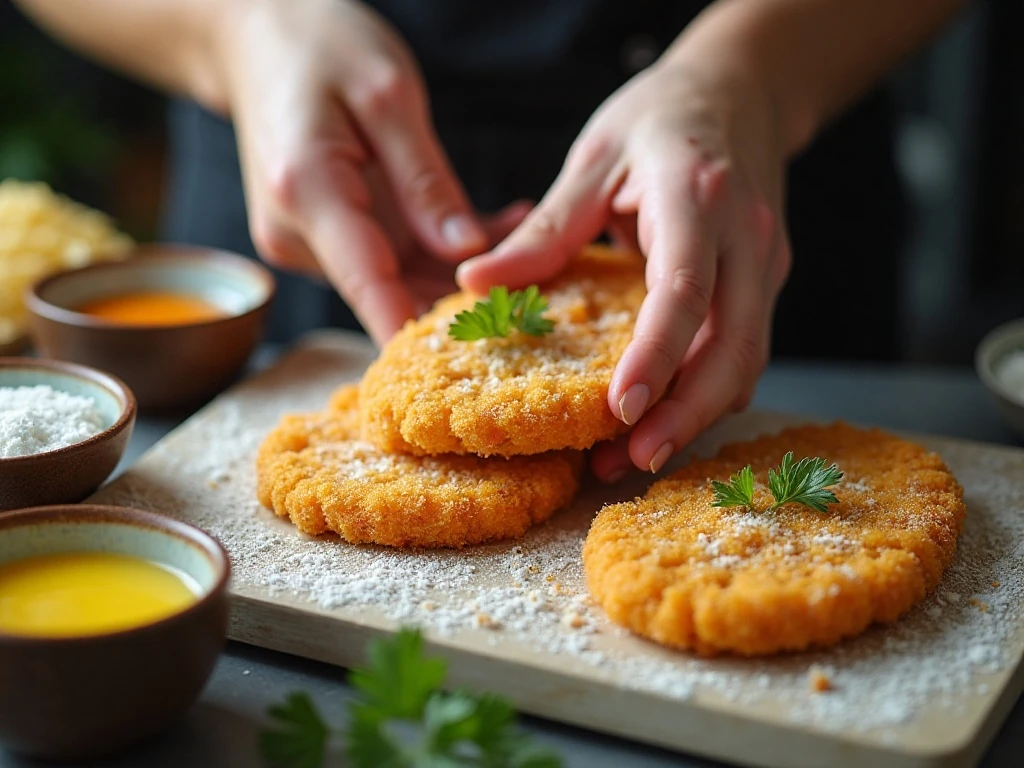 Coating chicken in panko breadcrumbs for katsu