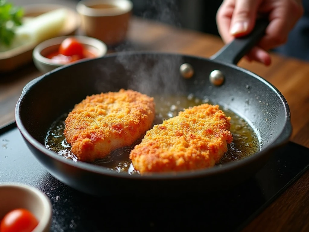 Chicken katsu cutlets shallow frying in a skillet