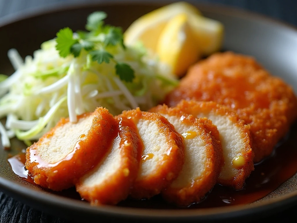 Sliced chicken katsu with tonkatsu sauce and cabbage
