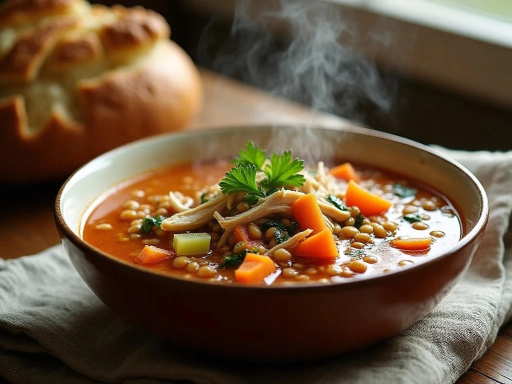 Bowl of hearty chicken lentil soup with vegetables, lentils, chicken, and fresh parsley