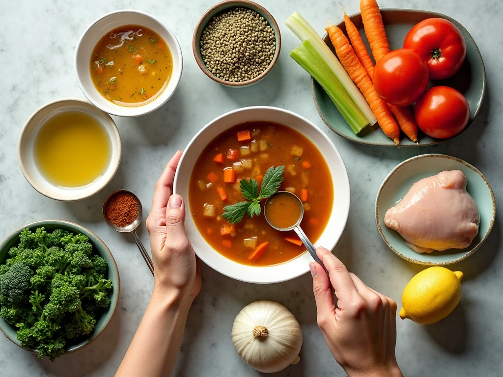 Ingredients for hearty chicken lentil soup arranged on a kitchen counter