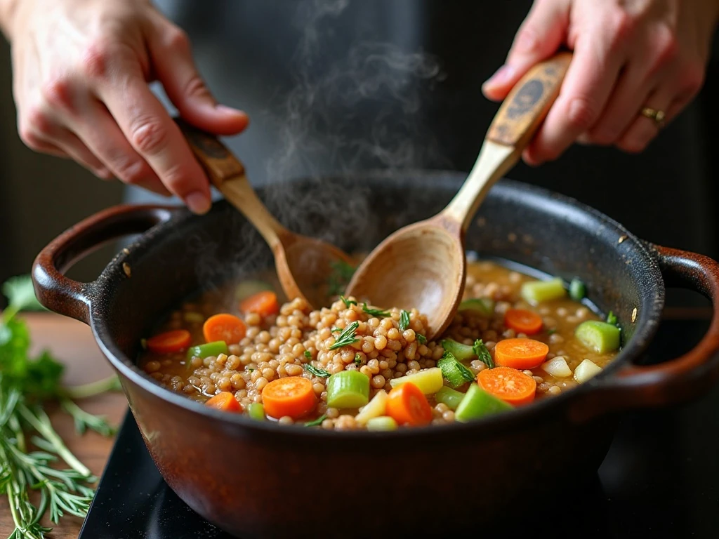 Vegetables and herbs being sautéed in a Dutch oven for chicken lentil soup