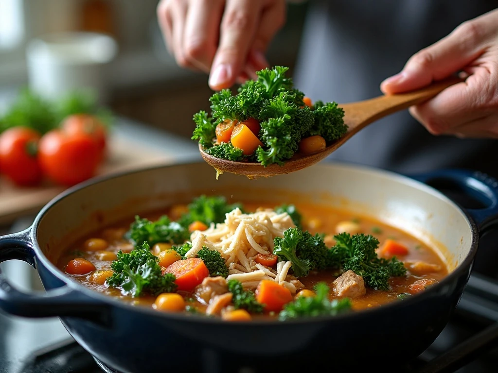 Kale and shredded chicken being added to lentil soup