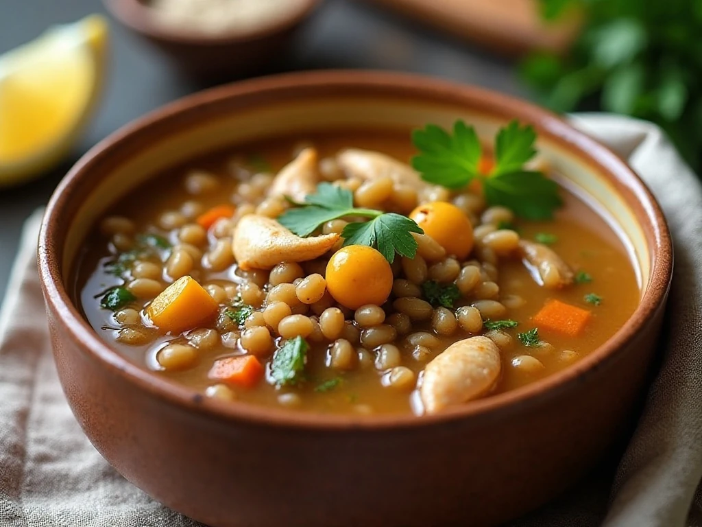 Reheated chicken lentil soup garnished with parsley and lemon