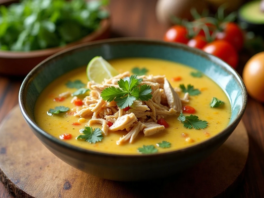 Bowl of easy chicken lime avocado soup with tomatoes and cilantro