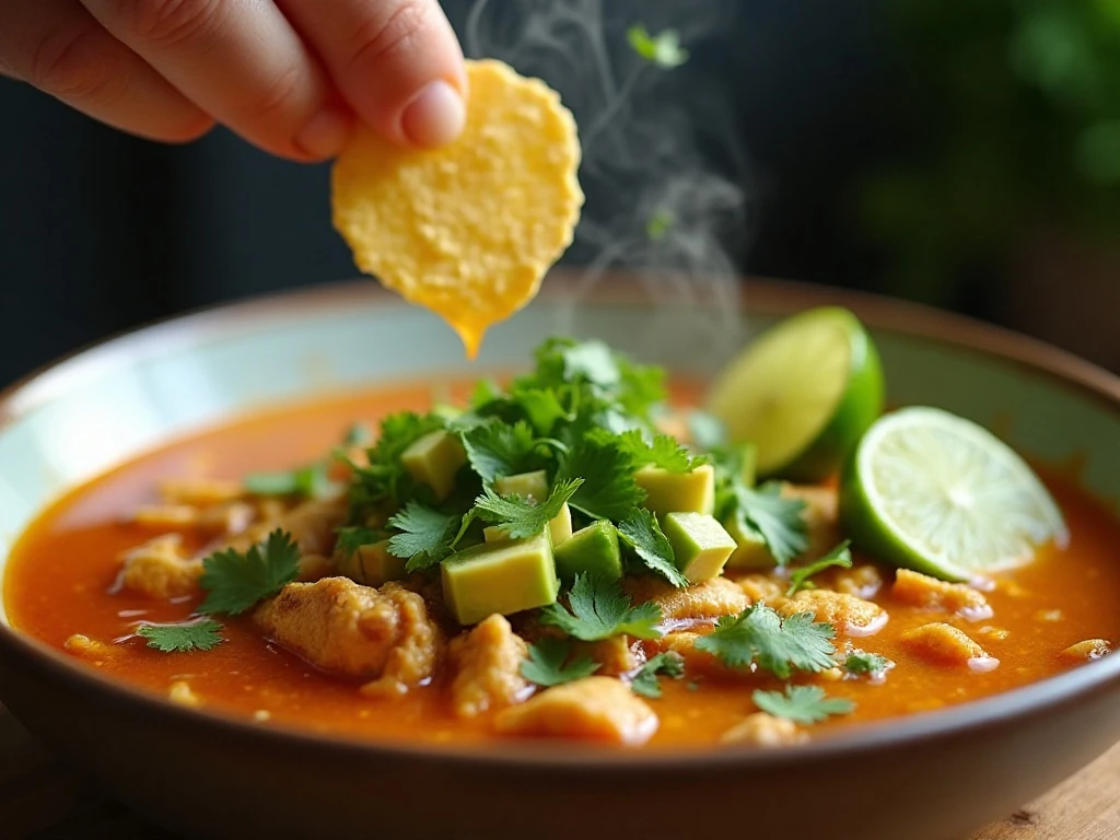 Fresh avocado, cilantro, lime, and tortilla toppings on chicken soup