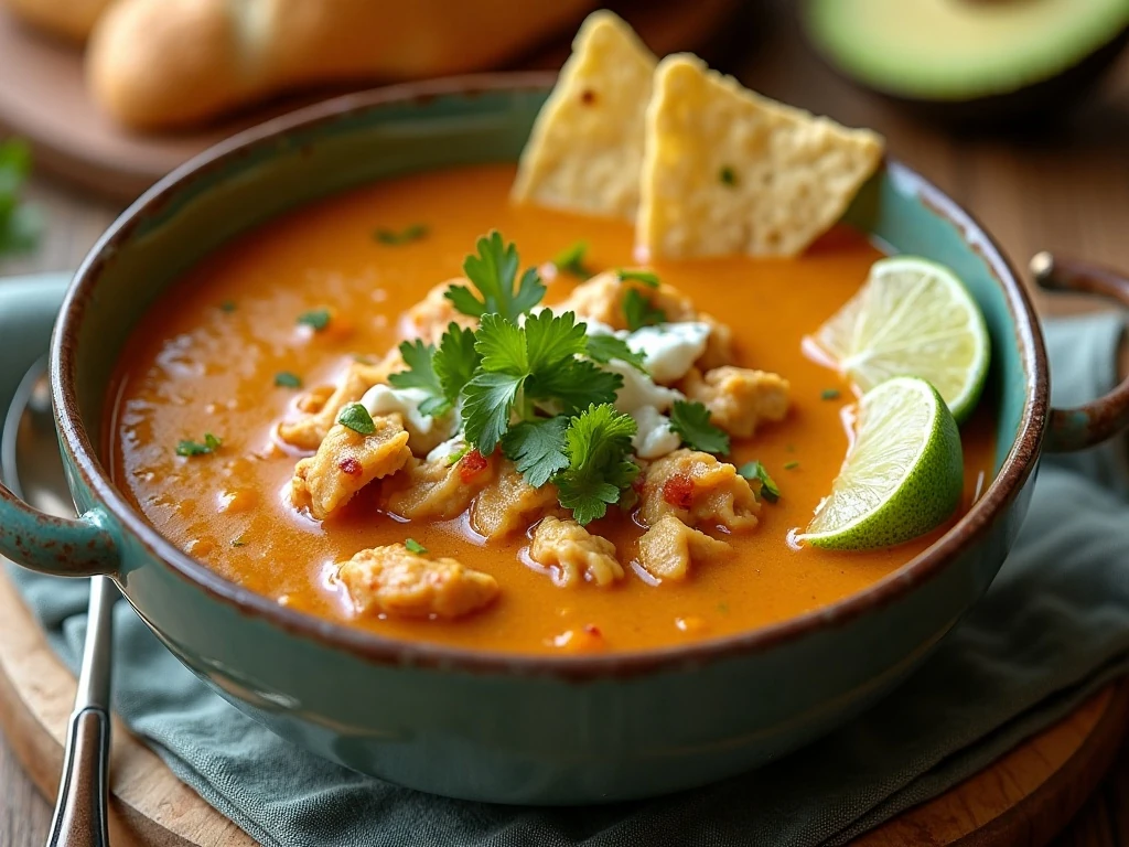 Chicken lime avocado soup served with lime wedges and tortilla chips