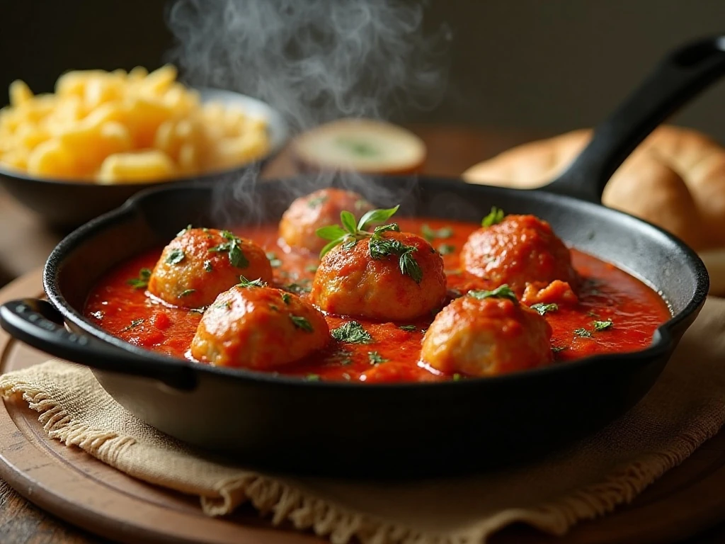 Chicken meatballs simmered in tomato sauce for an easy skillet dinner