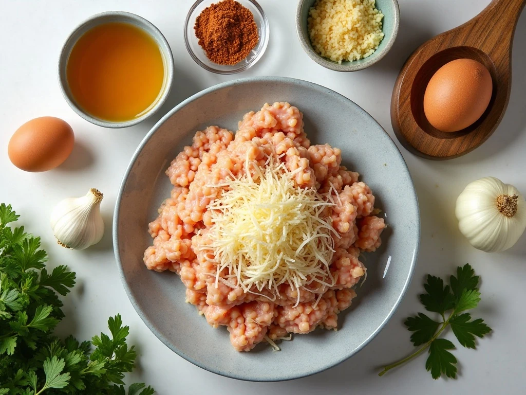 Ingredients for chicken meatballs and skillet tomato sauce
