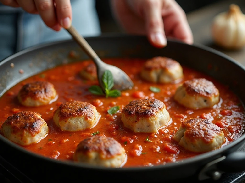 Chicken meatballs simmering in homemade tomato sauce