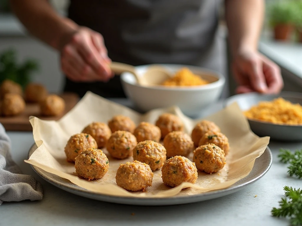 Evenly shaped chicken meatballs ready to brown