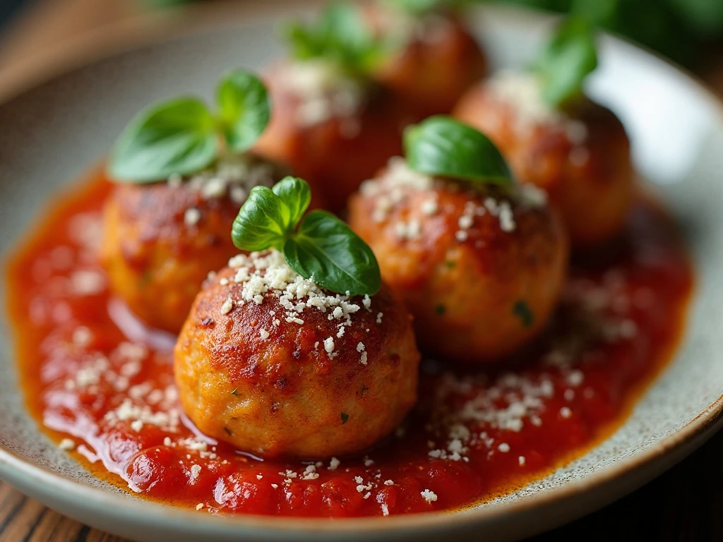 Chicken meatballs garnished with herbs and Parmesan