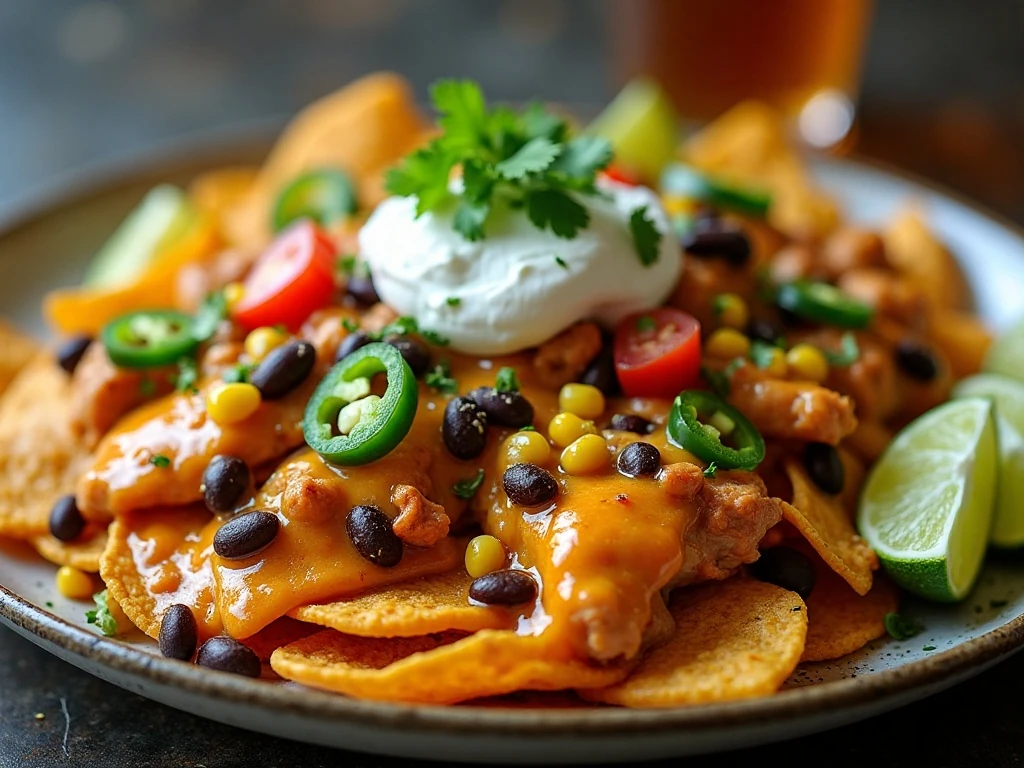Finished loaded chicken nachos with cheese, chicken, beans, avocado, tomato, and lime