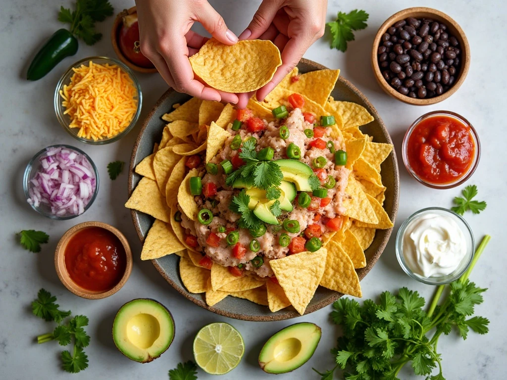 Ingredients for ultimate loaded chicken nachos arranged in a flat lay