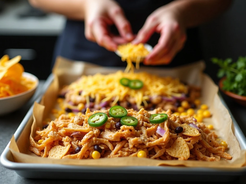 Layering chicken, beans, vegetables, and cheese over tortilla chips
