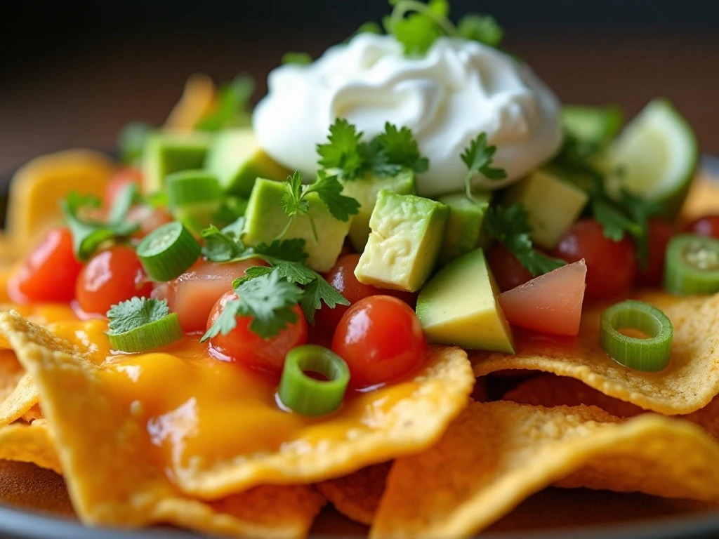 Fresh toppings being added to hot loaded chicken nachos