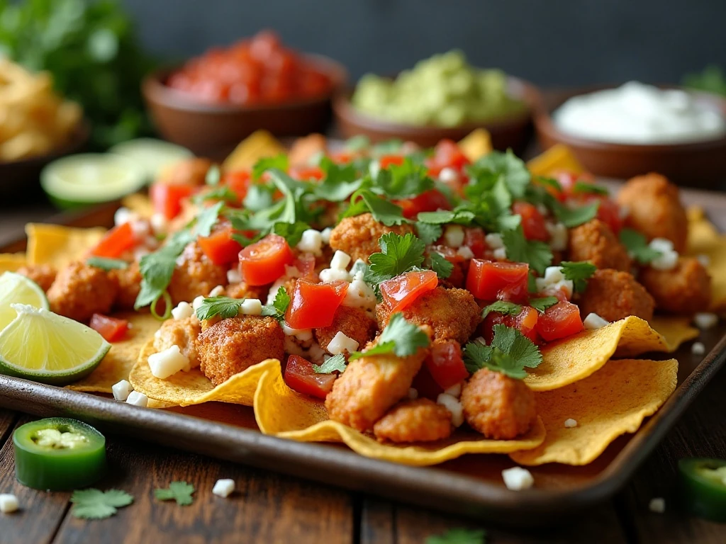 Chicken nachos served hot with salsa, sour cream, guacamole, and lime