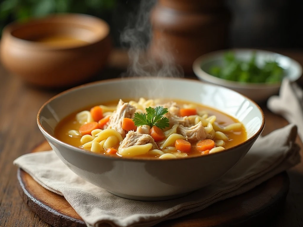 Comforting homemade chicken noodle soup served in a bowl