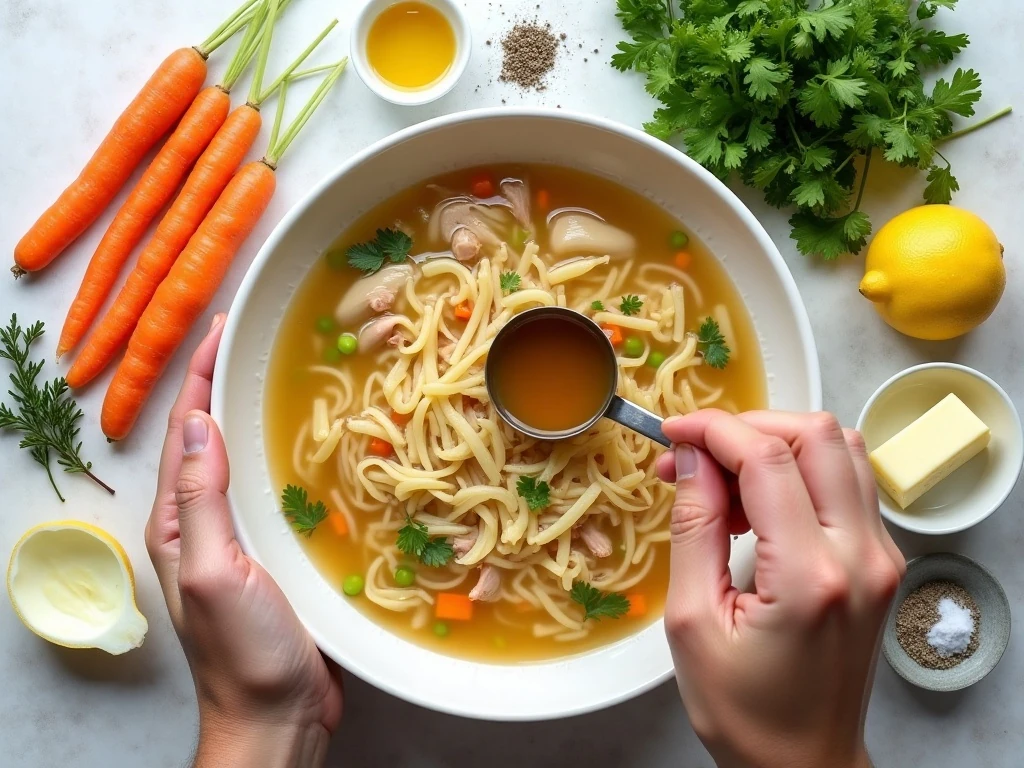 Ingredients for homemade chicken noodle soup arranged on a counter