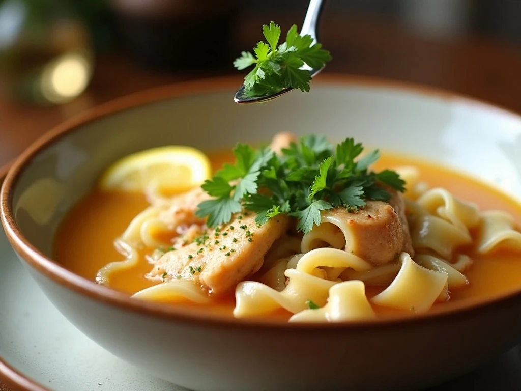 Fresh parsley and lemon finishing chicken noodle soup