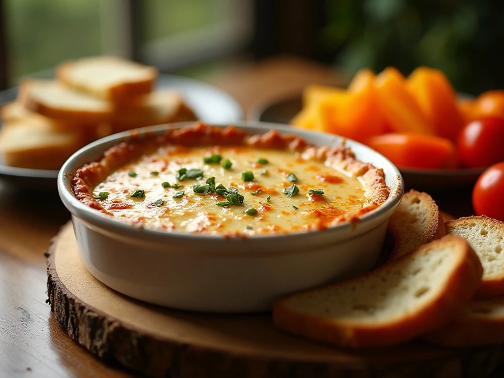 Hot chicken Parmesan dip served with bread and vegetables
