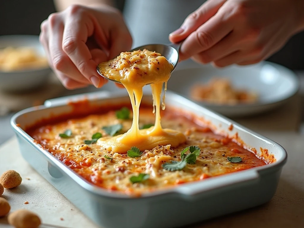 Spreading creamy chicken dip into a baking dish