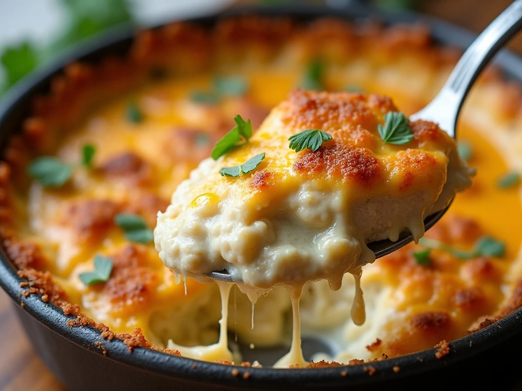 Creamy reheated chicken Parmesan dip with parsley