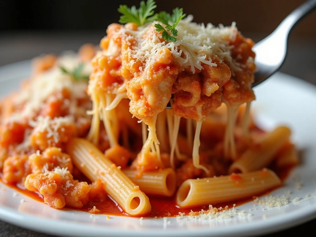 Serving of cheesy chicken Parmesan pasta casserole with marinara and crisp breadcrumbs