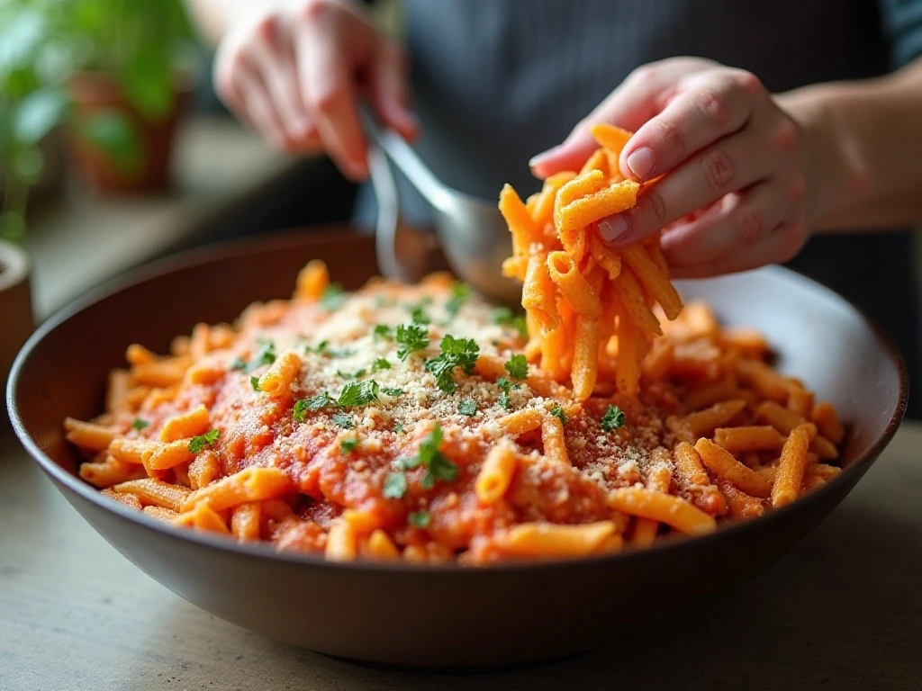 Mixing pasta, chicken, marinara, and cheese for the casserole