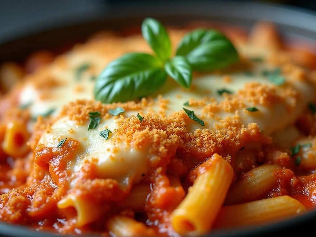 Crispy breadcrumb topping and melted mozzarella on chicken Parmesan casserole