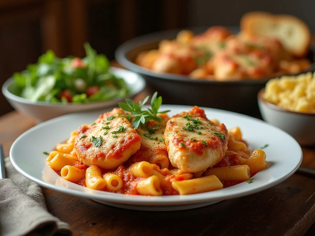 Chicken Parmesan pasta casserole served with salad and garlic bread