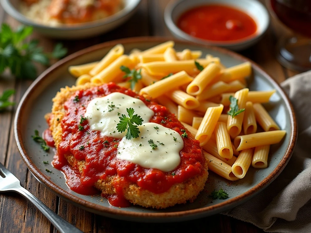 Easy chicken Parmesan served with penne pasta and marinara sauce