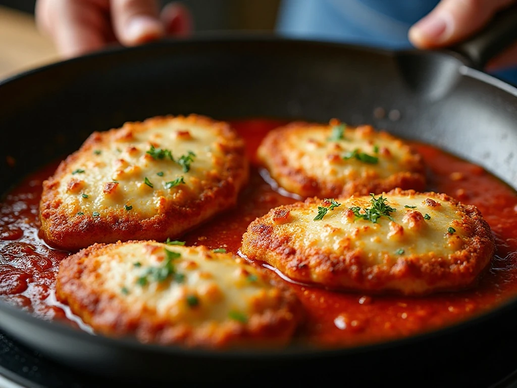Golden crisp chicken cutlets ready for marinara and mozzarella