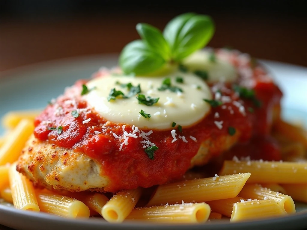 Chicken Parmesan garnished with basil, parsley, and grated Parmesan