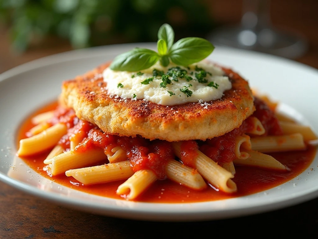 Finished chicken Parmesan dinner with penne pasta