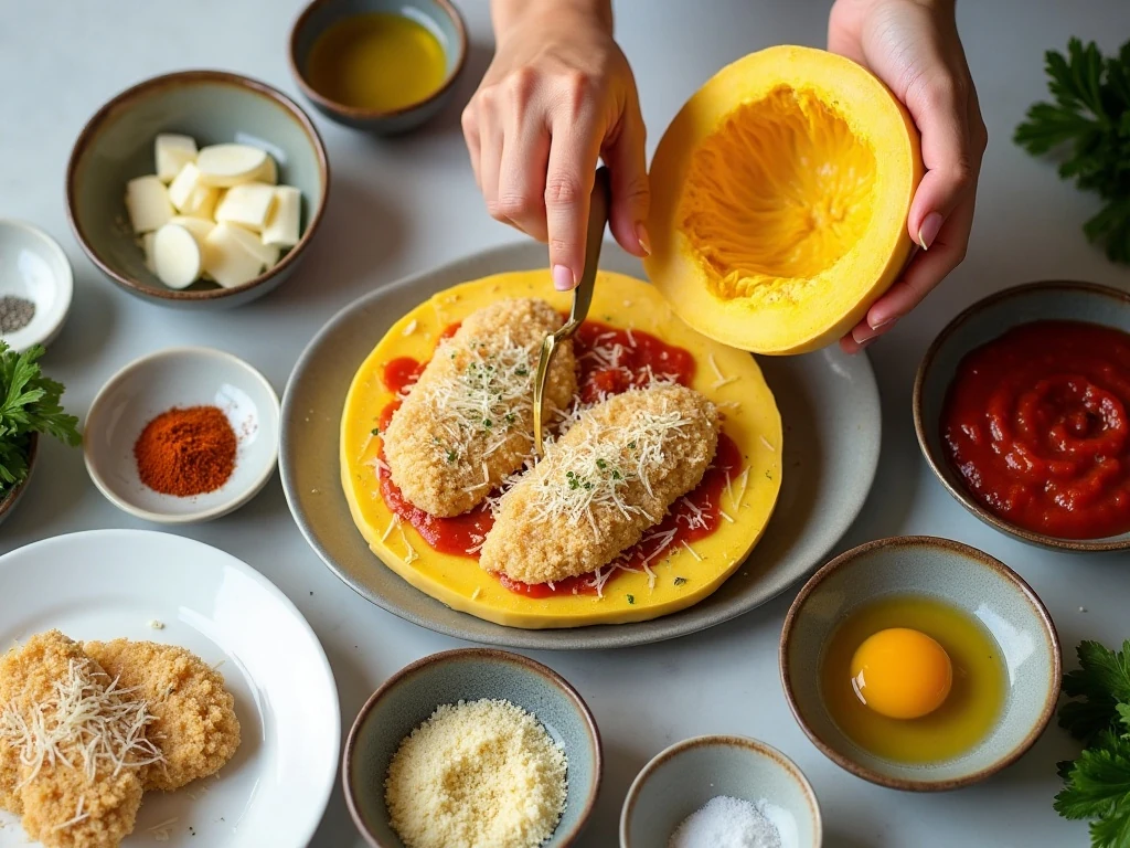 Ingredients for chicken Parmesan with spaghetti squash