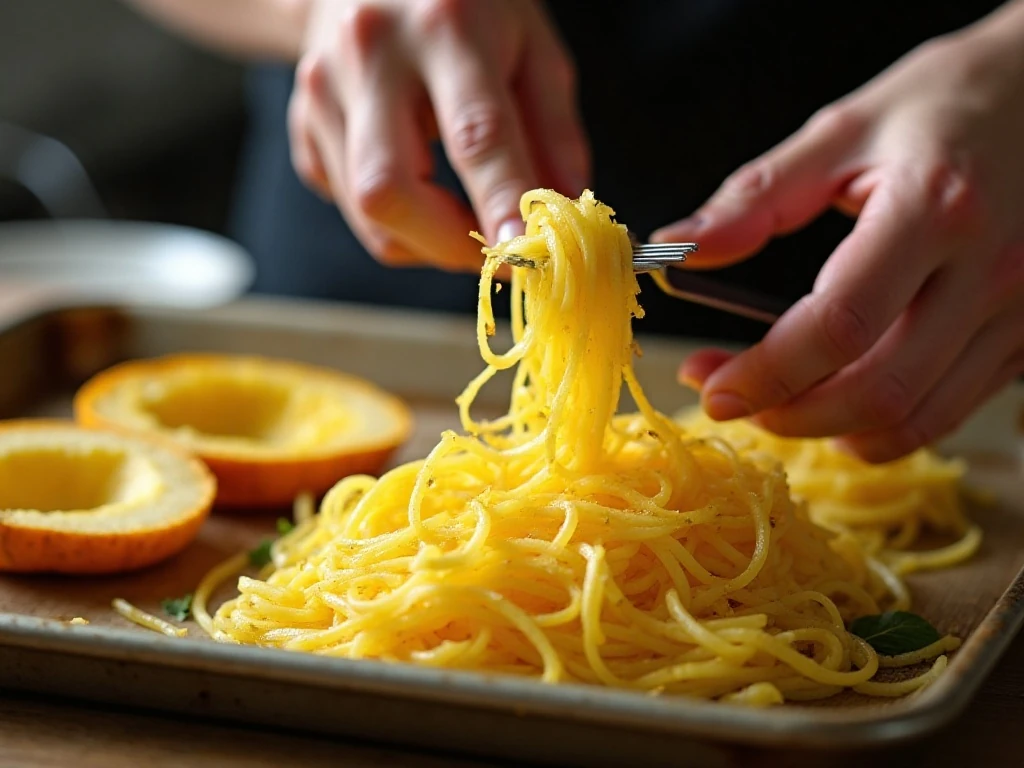 Scraping roasted spaghetti squash into strands