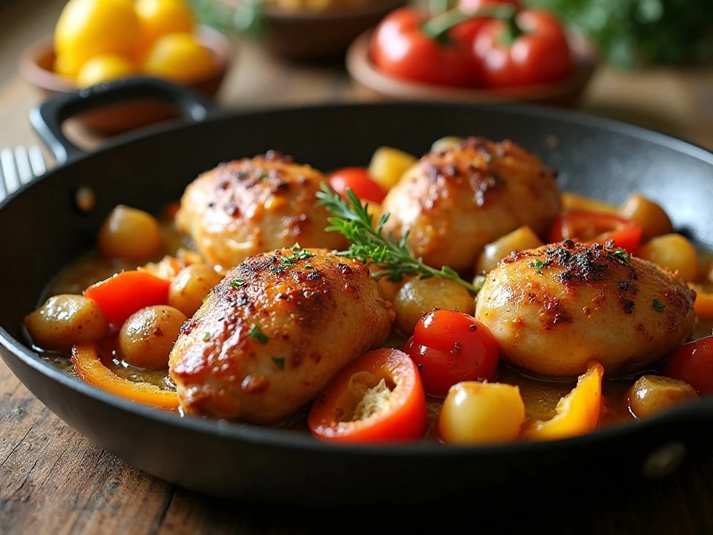 One-pan chicken with peppers, potatoes, and onions served for dinner