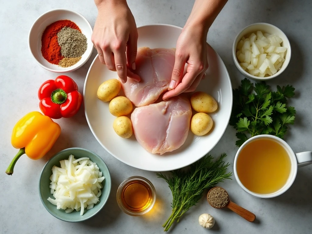 Ingredients for chicken, peppers, and potatoes