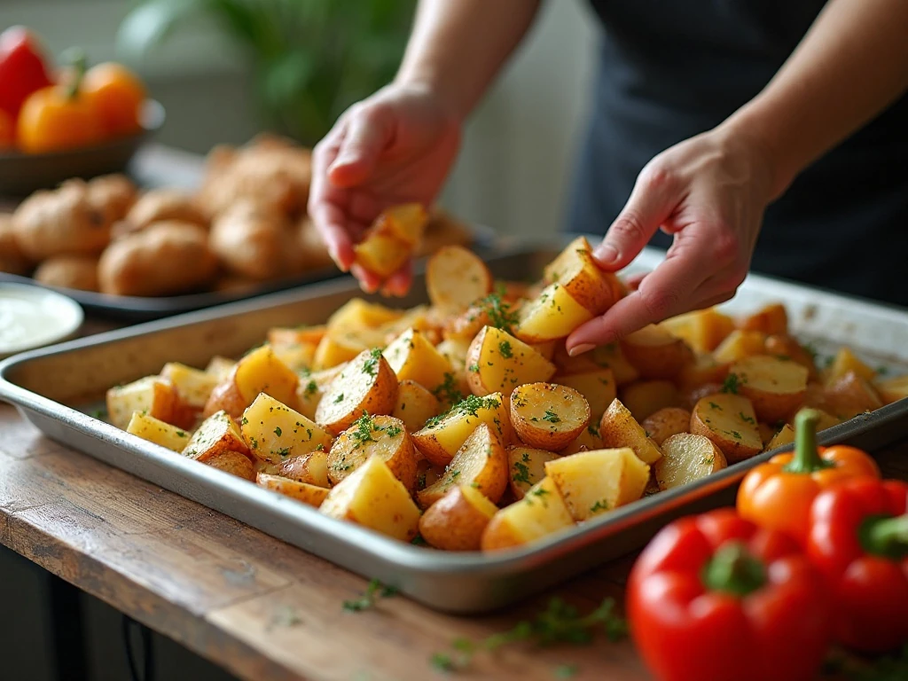 Potatoes and onions arranged on a baking sheet before roasting