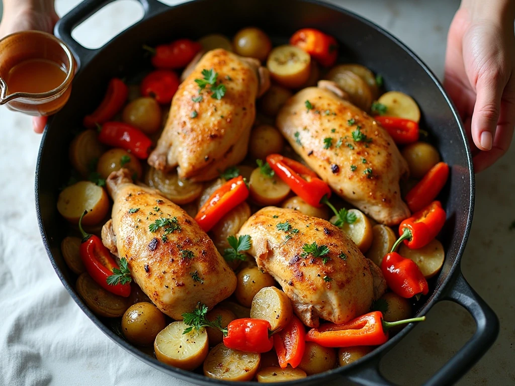 Uncrowded pan arranged for well-browned roasted chicken and vegetables