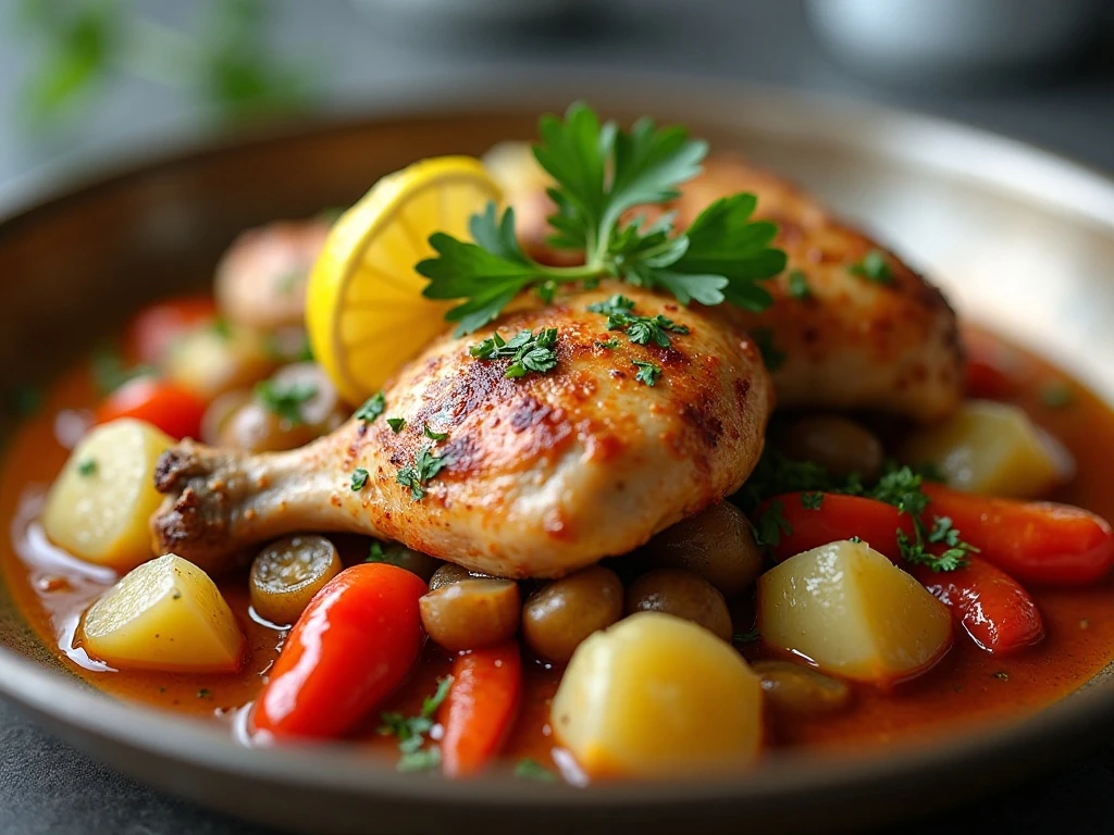 Reheated chicken, peppers, and potatoes garnished with parsley and lemon