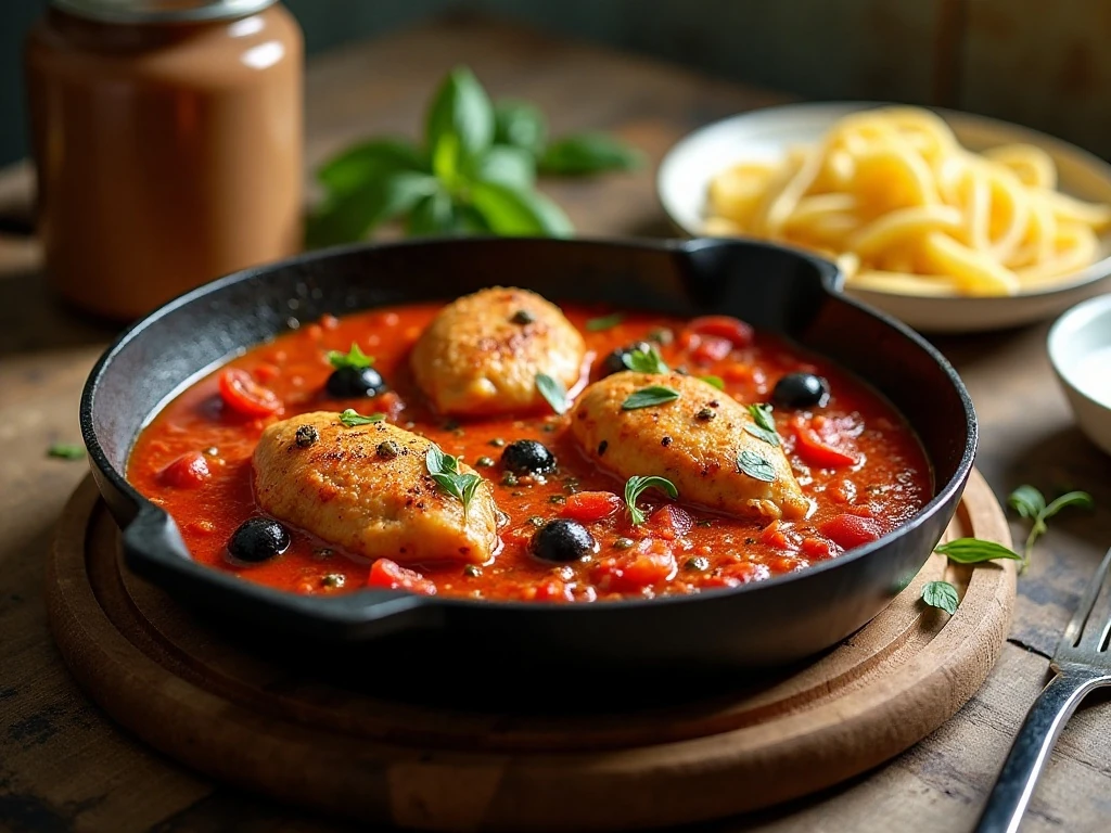 Skillet chicken puttanesca served with pasta