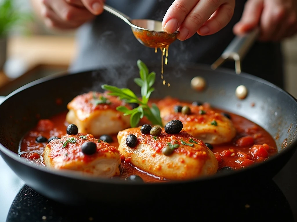 Chicken simmering in puttanesca sauce