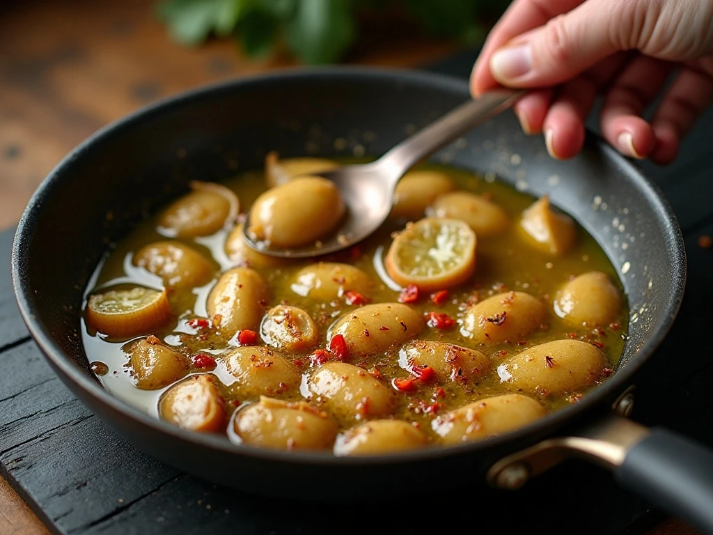 Garlic and anchovies cooking for puttanesca sauce