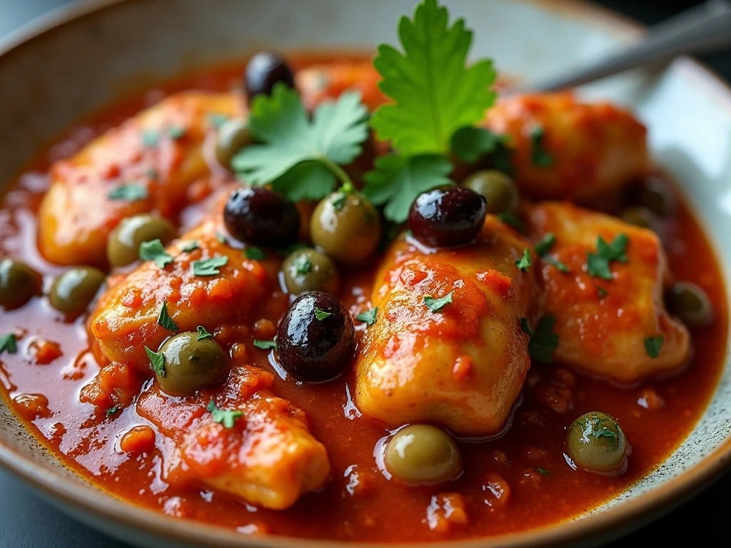 Close-up of chicken puttanesca with parsley and olives