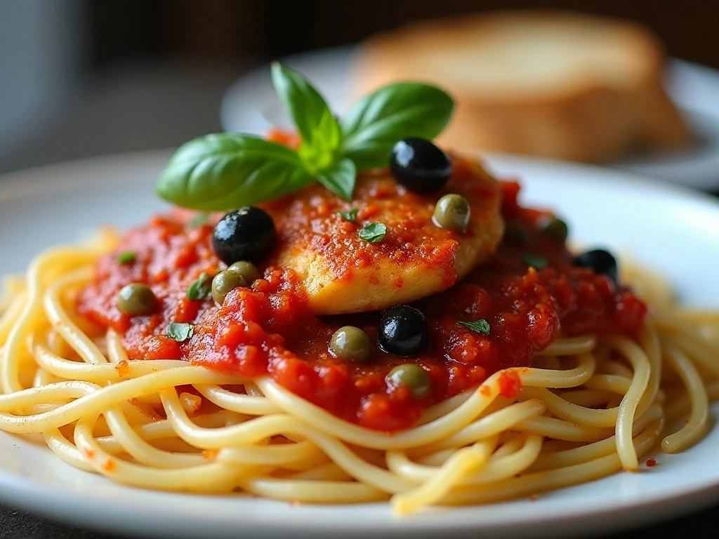 Finished chicken puttanesca over spaghetti