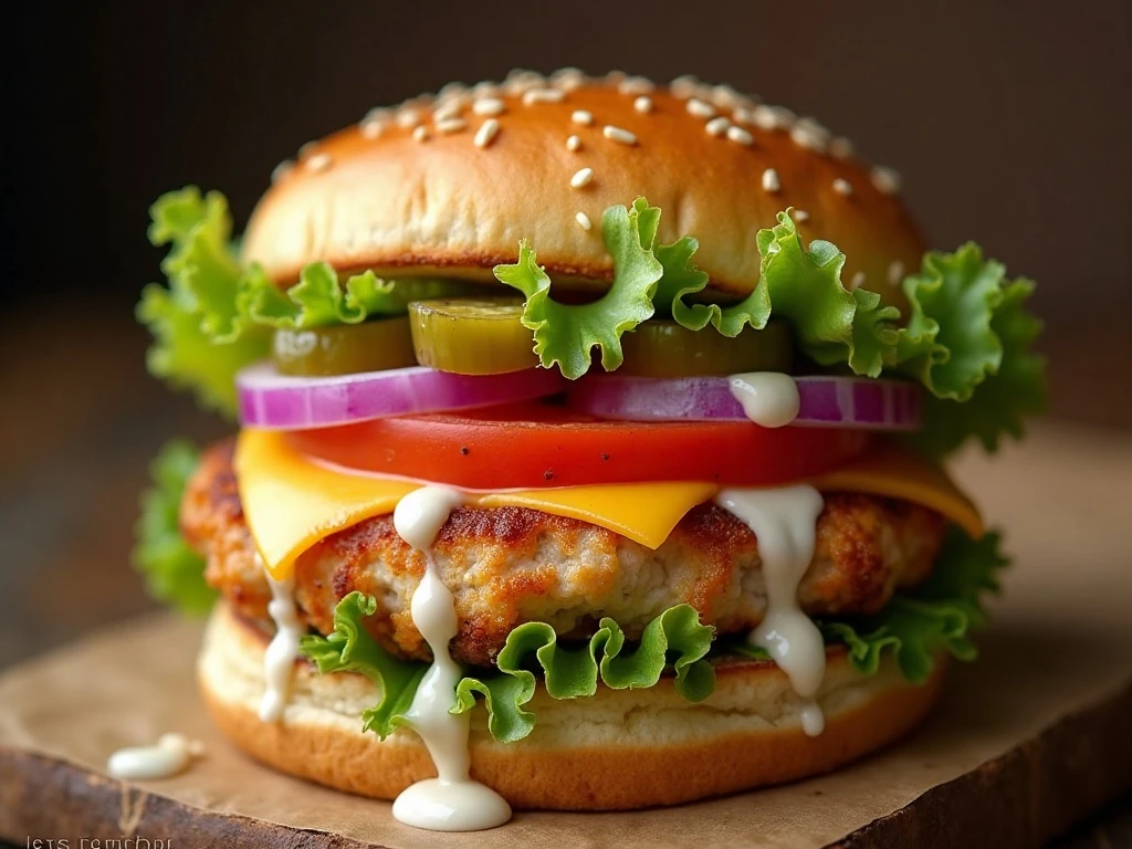 Ranch chicken burger topped with lettuce tomato onion and pickles